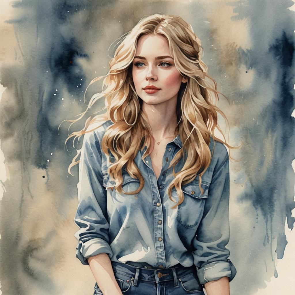 Watercolor Painting of a Young Woman in Jeans