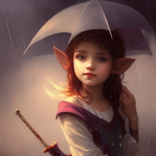 Elf Girl Portrait in the Rain, Detailed Concept Art