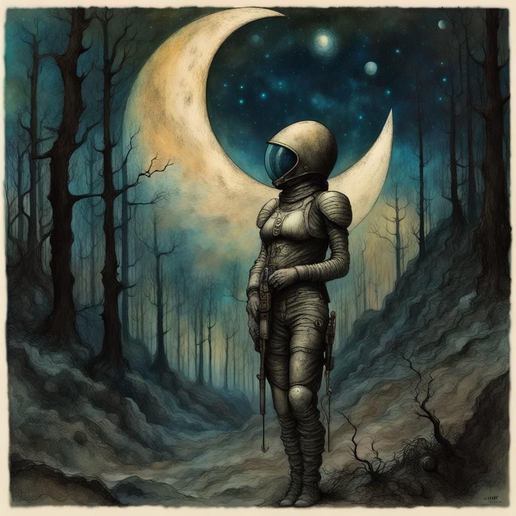 Soldier Girl on Alien Planet in Macabre Style