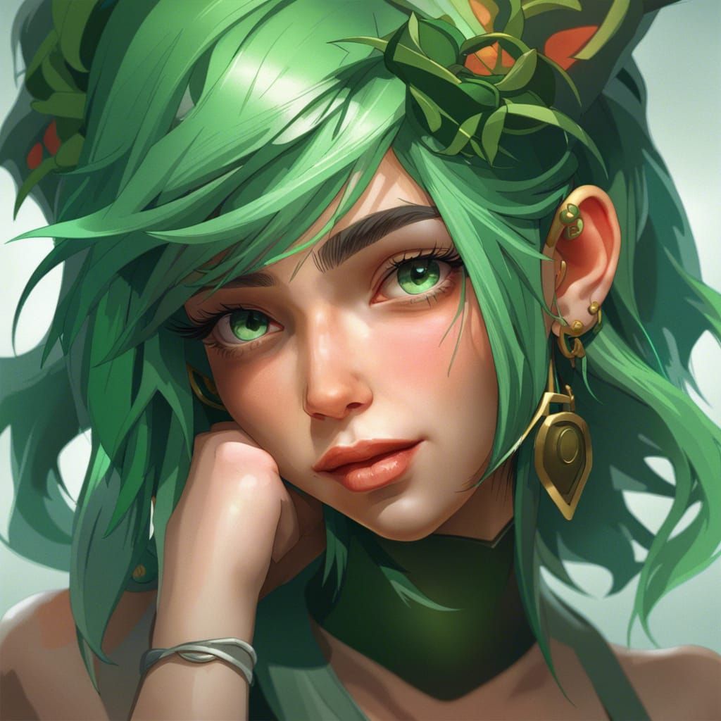Green Hair Portrait in Hyperdetailed Digital Art Style