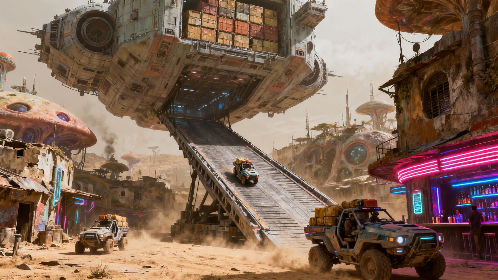 Massive Cargo Ship Arrives at Alien Town