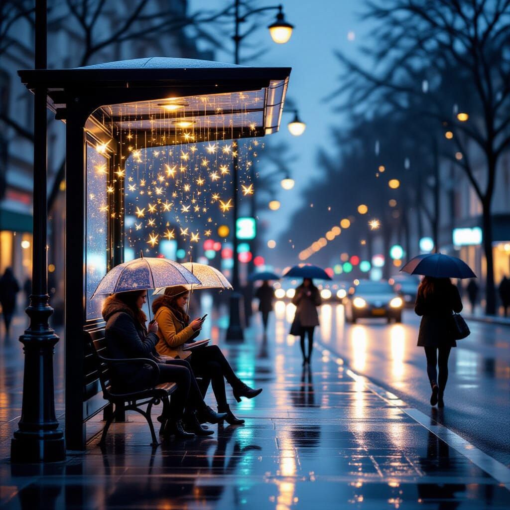 Magical Realism Bus Stop With Wish-Granting Fairies