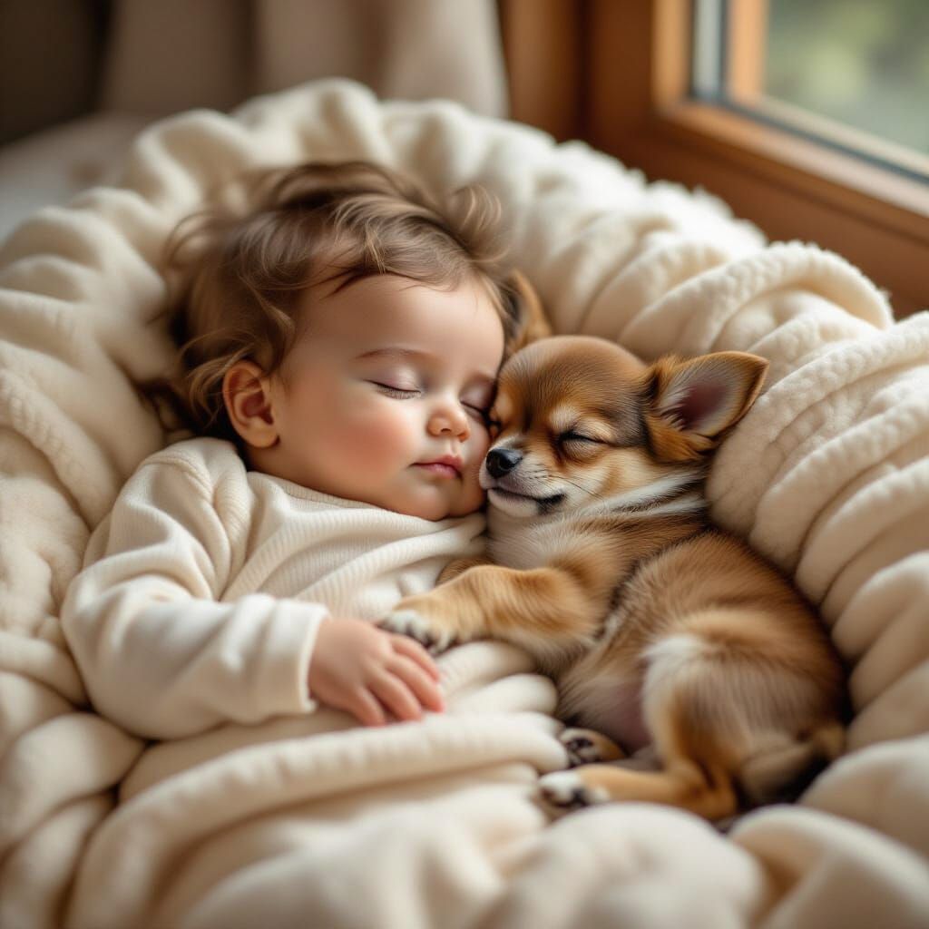 Cute Infant and Chihuahua Puppy Sleeping Peacefully