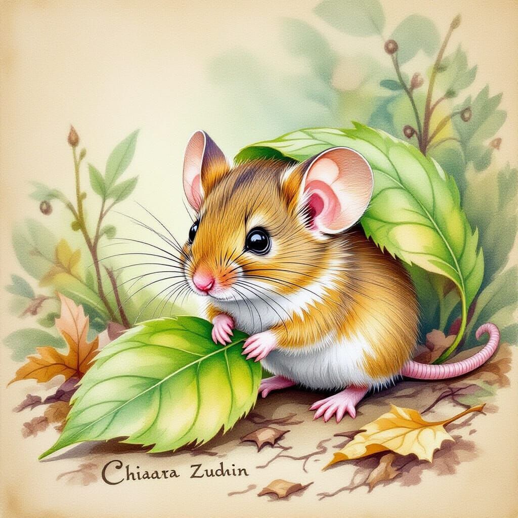 Mouse Botanical Illustration in Vintage Style
