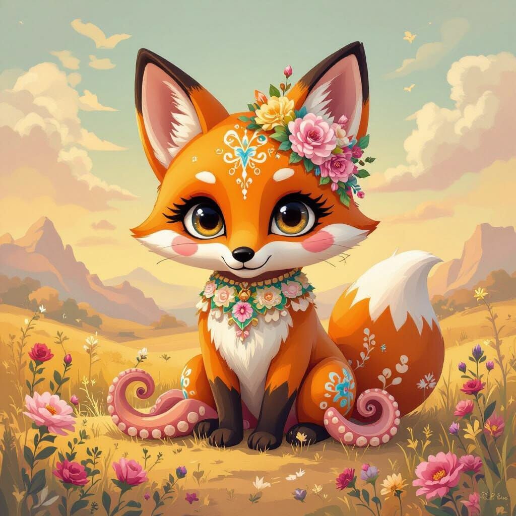 Kawaii Fox-Octopus Alebrije in Pastel Colors