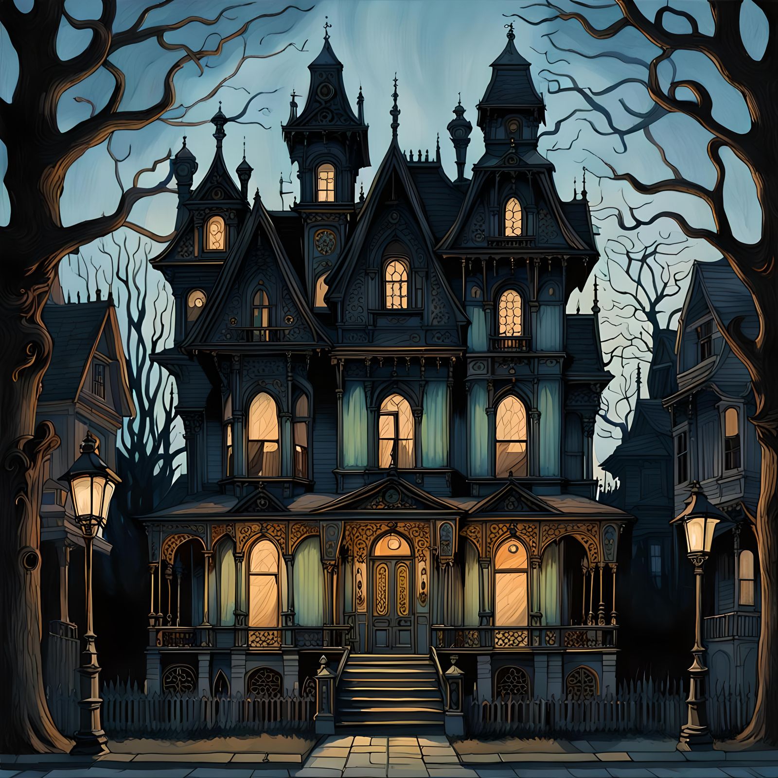 Spooky Victorian House Facade in Gouache Style