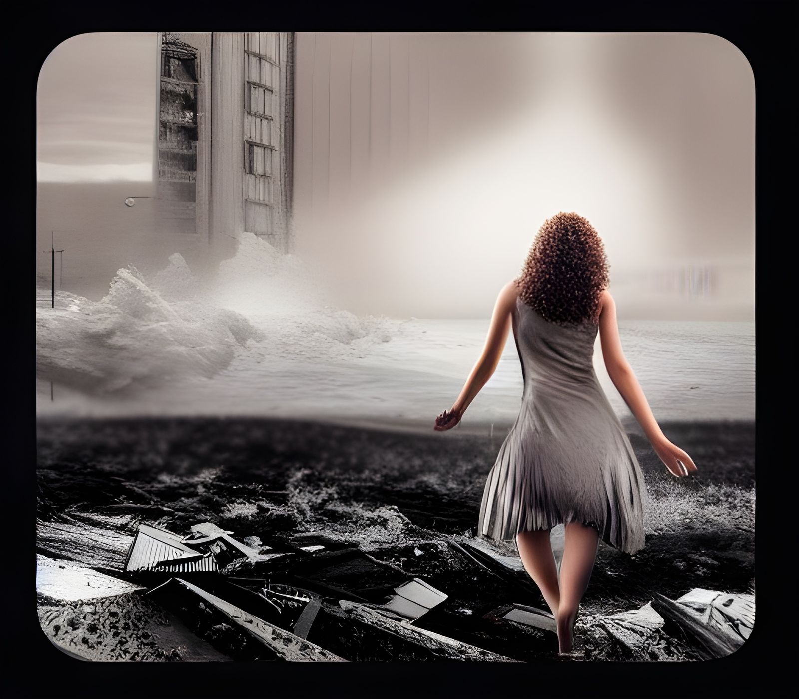 Woman Walks Through Destruction: Greyscale Matte Painting