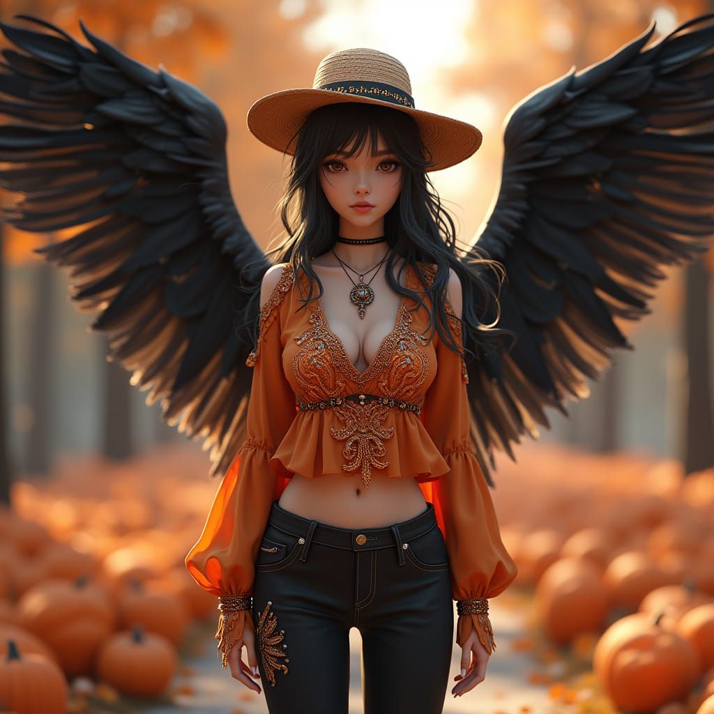 Anime Woman with Pumpkin Top and Wings