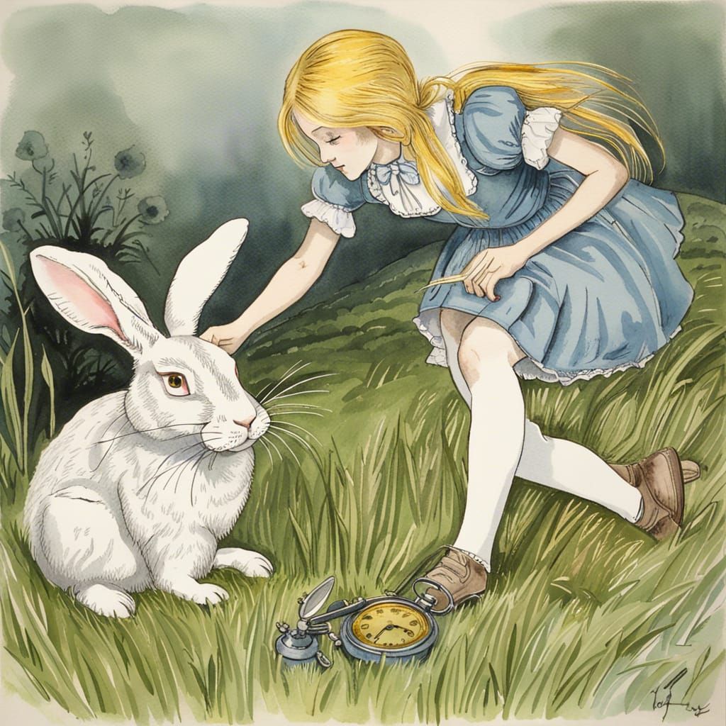 Alice and White Rabbit in Watercolour Style