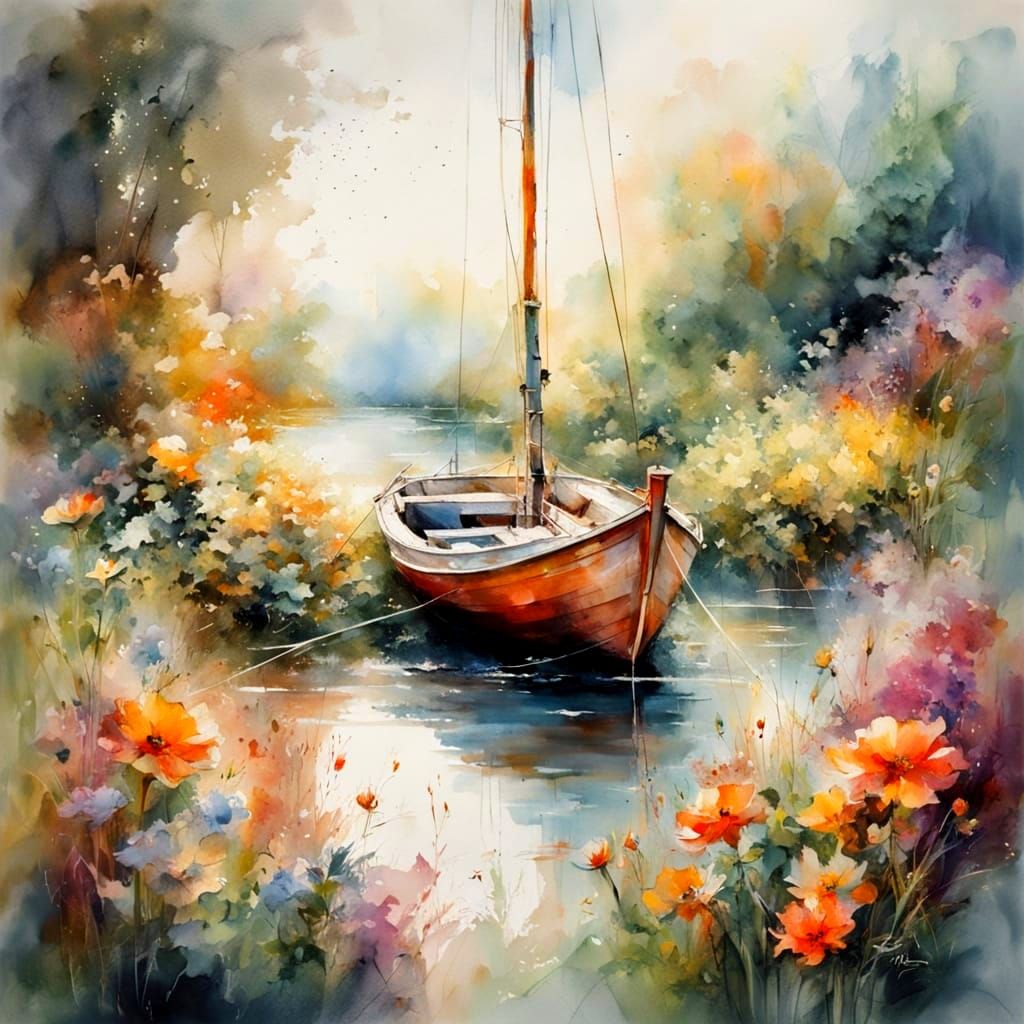 Vibrant River Garden Blooms in Whimsical Watercolour Style