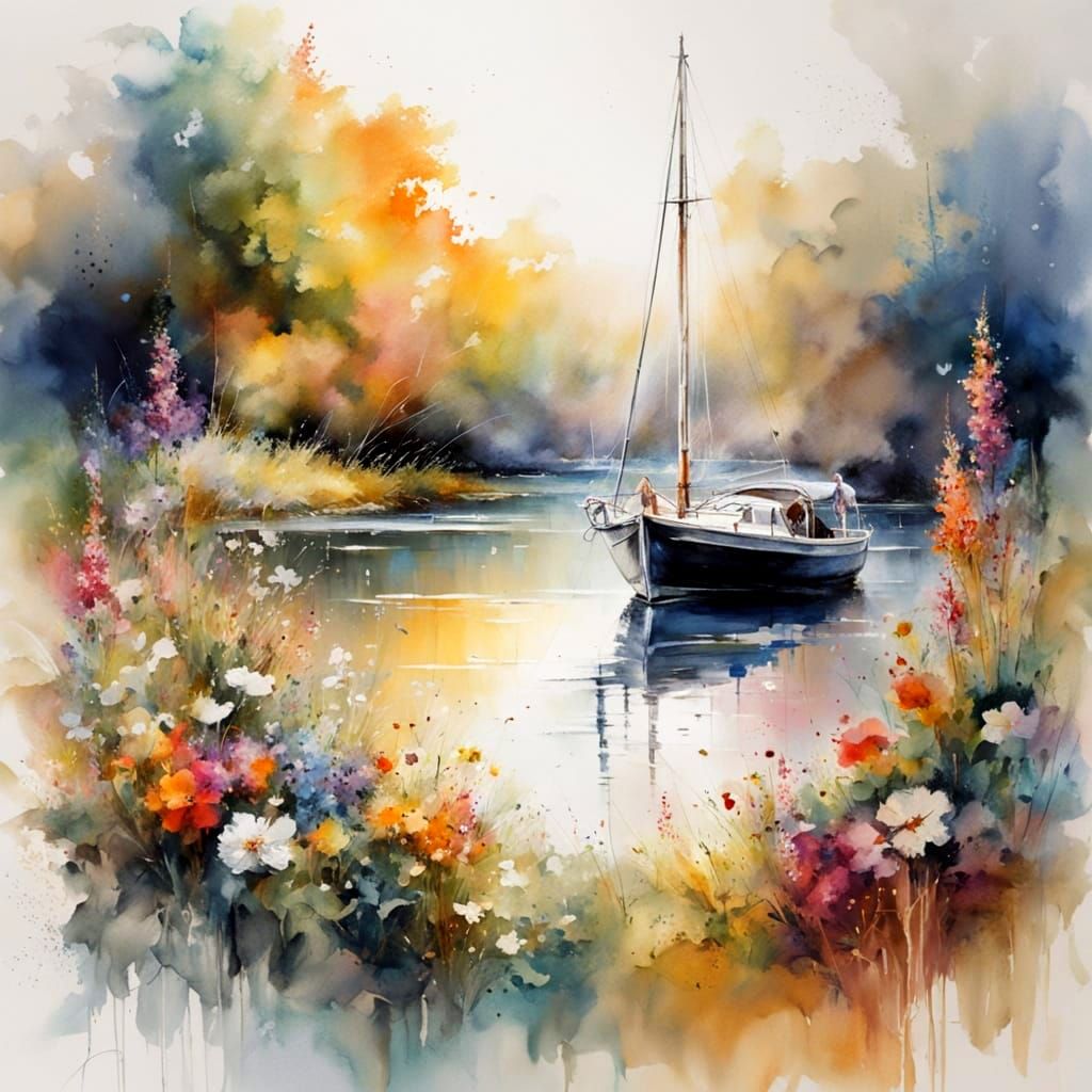 Ethereal Garden Oasis with Sailing Boat