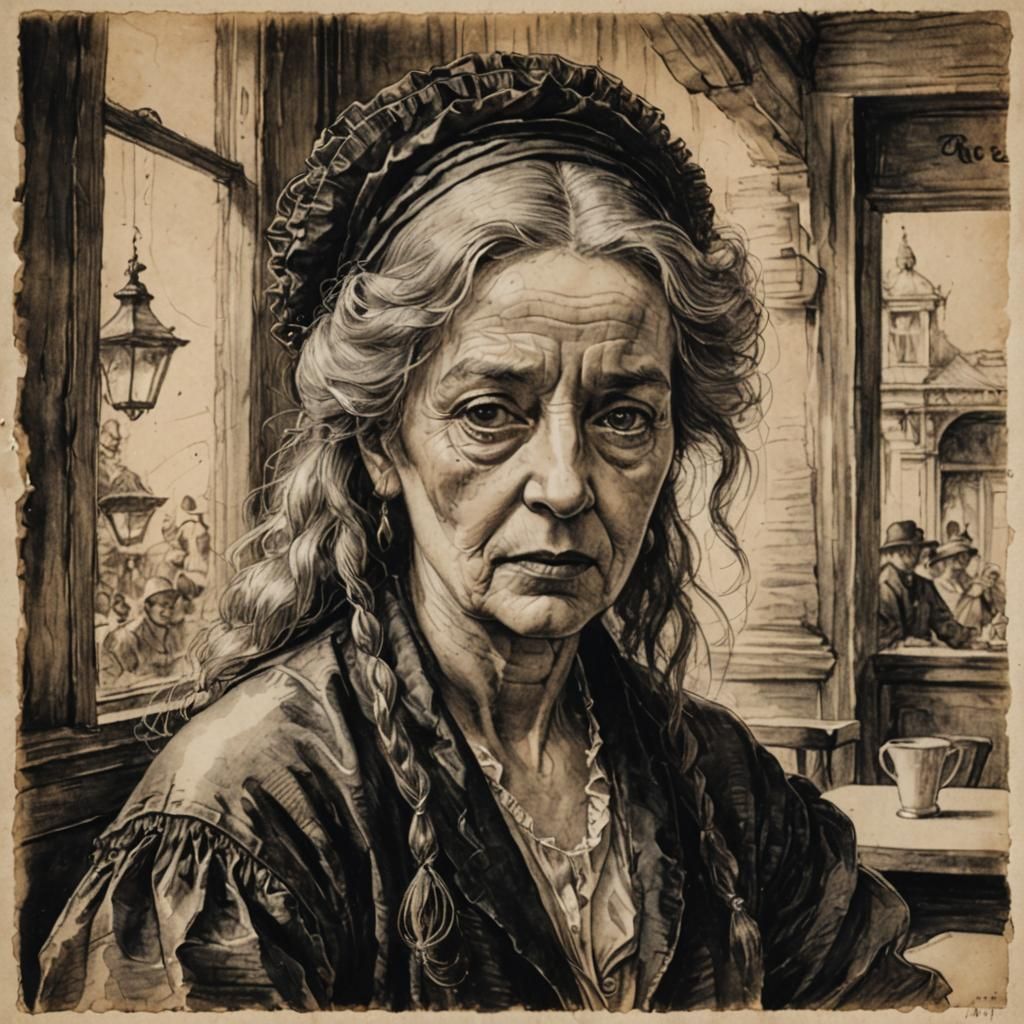 Melancholic Ink Portrait in Style of Old Masters