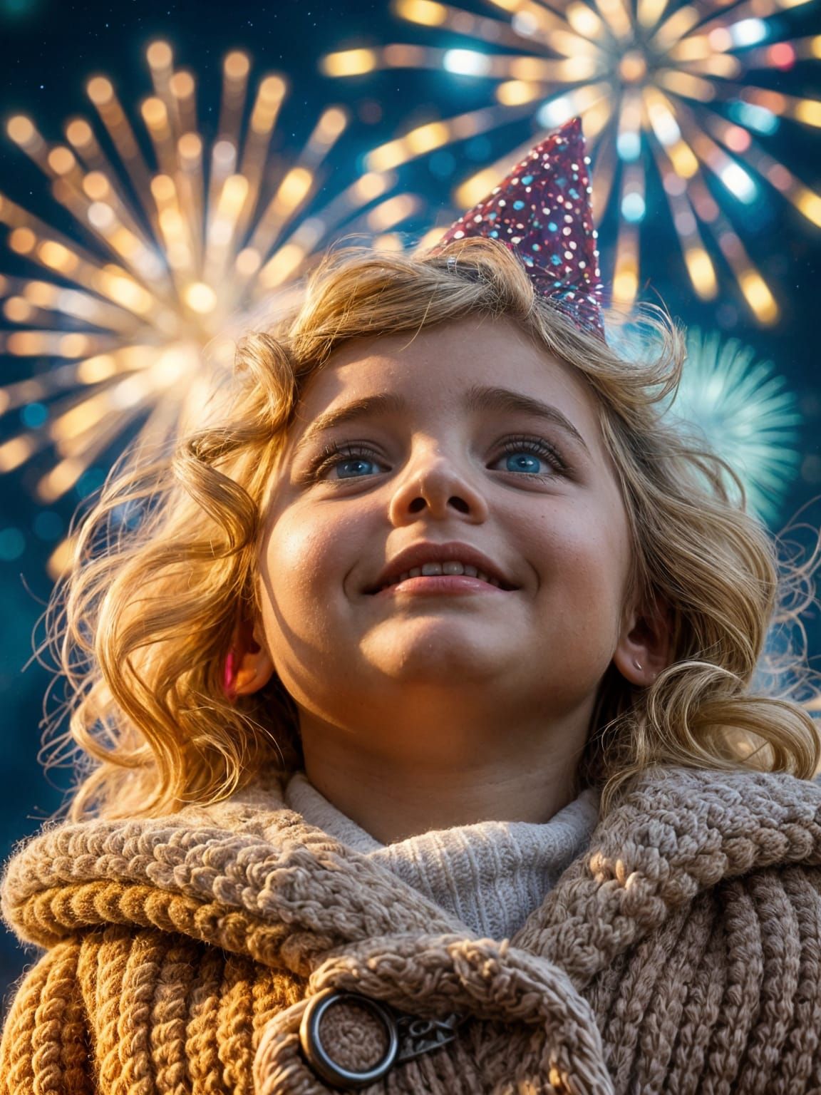 Firework Reflections in a Young Girl's Face