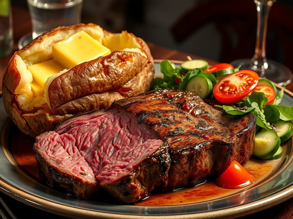 Sizzling Prime Rib Steak with Golden Butter and Fresh Salad