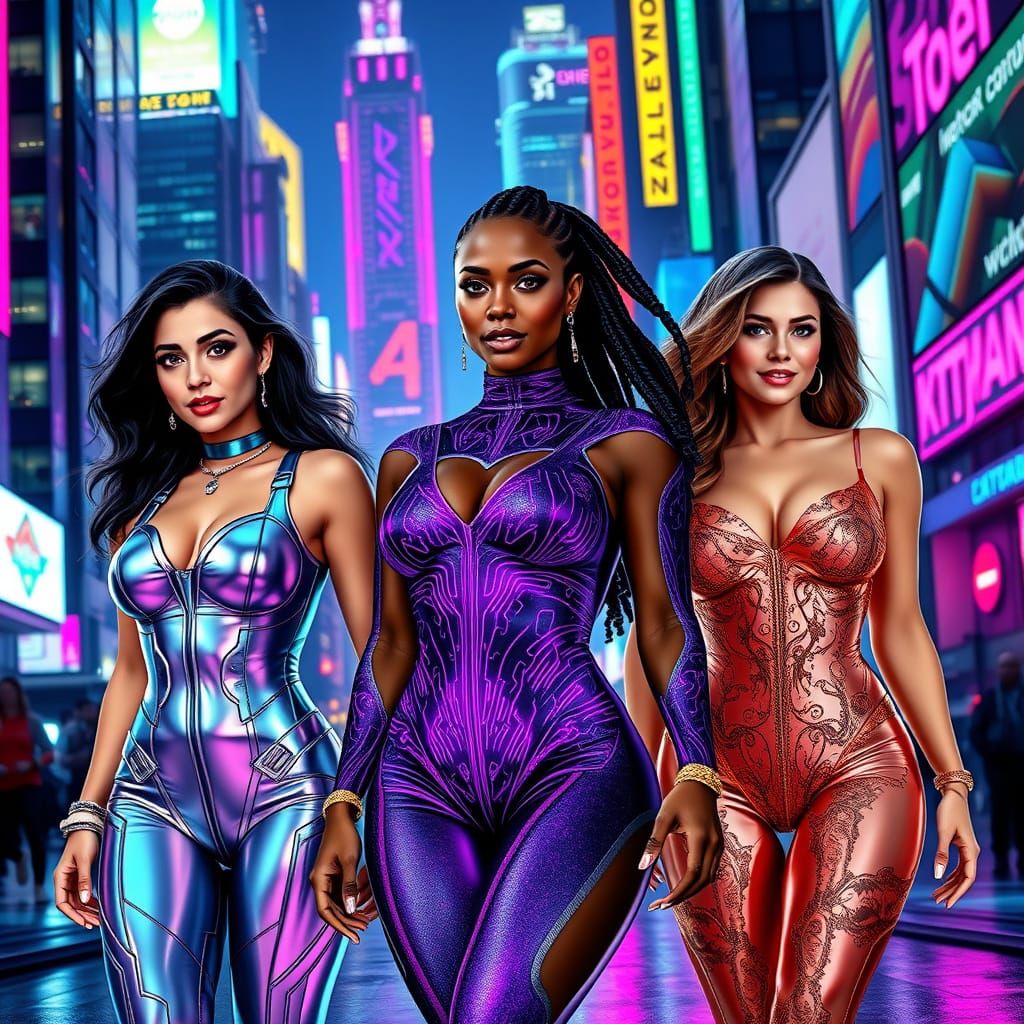 Confident Women Illuminate Futuristic Cityscape at Night