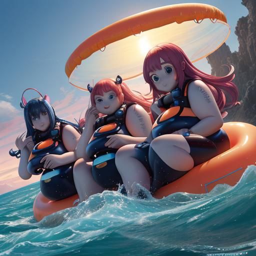 Anime Alien Girls in Lifeboat at Sunset
