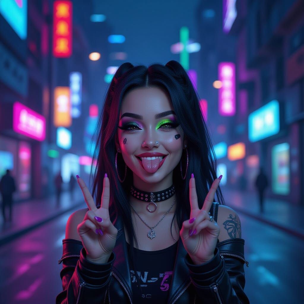 Cheeky Emo Girl Winks in Neon Cyberpunk City