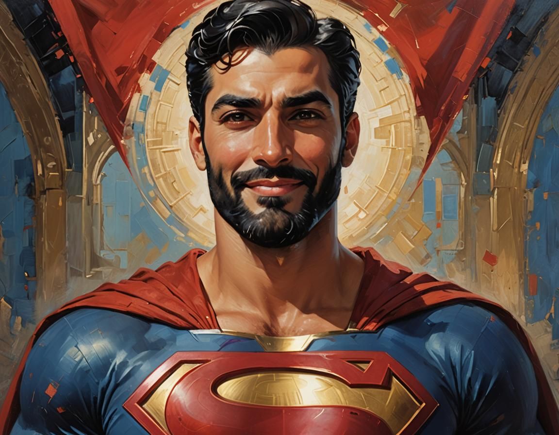 Superman in Vintage Impressionist Style with Black Beard and...