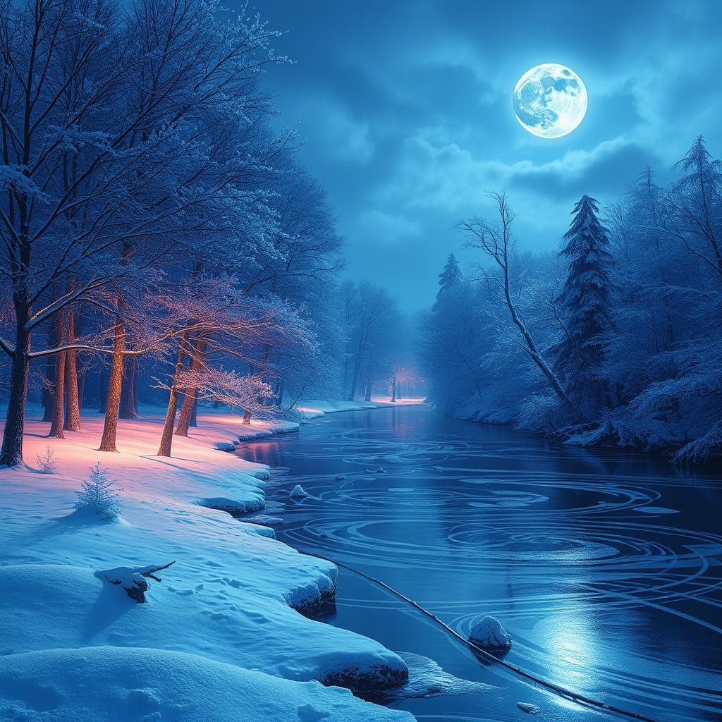 Winter Riverbank Scene in Vibrant, Mystical Realism
