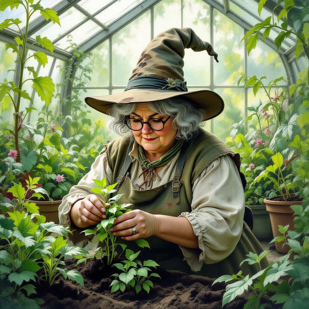 Professor Sprout Tends Magical Plants in Hogwarts Greenhouse
