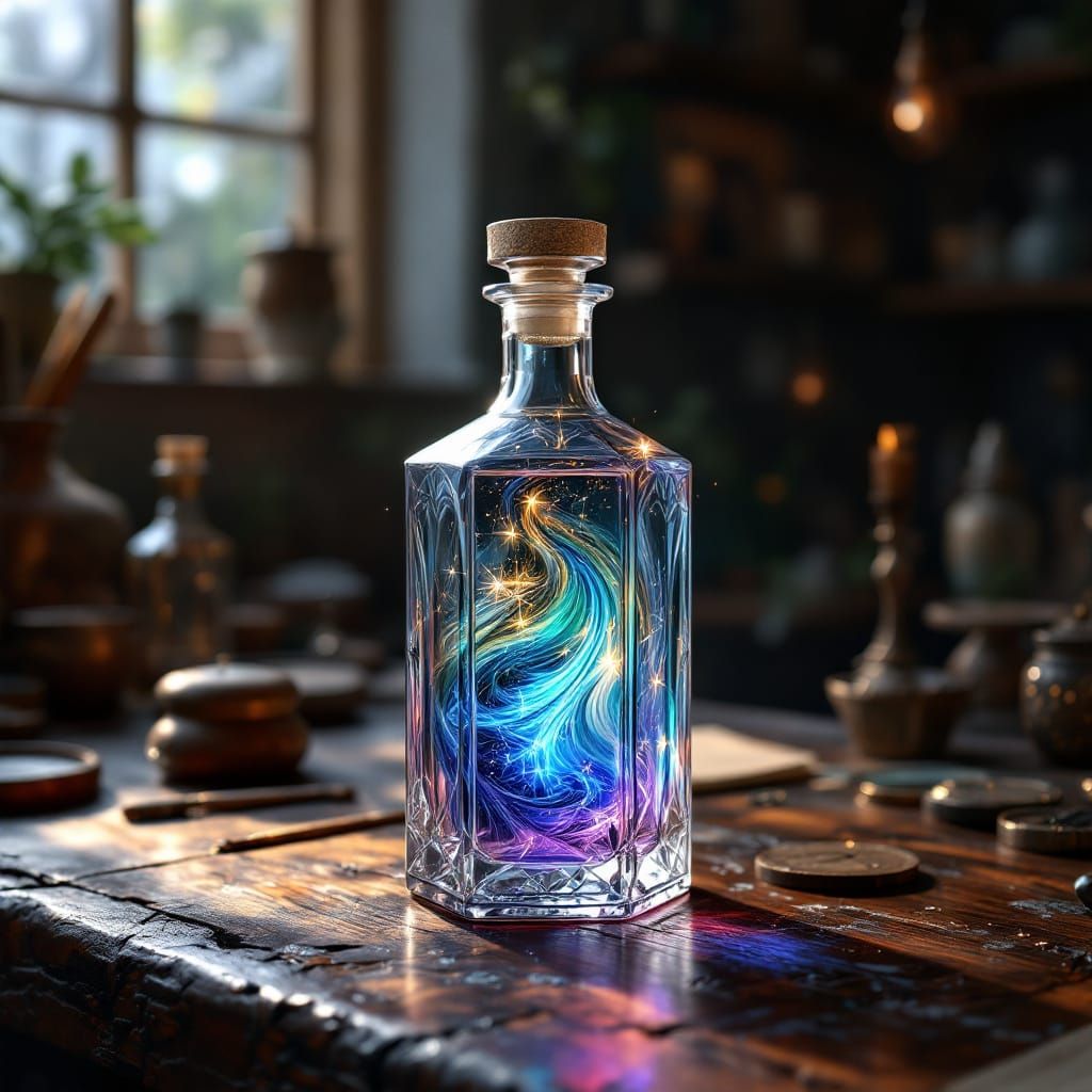 Magical Potion in Cut-Glass Bottle on Wooden Table