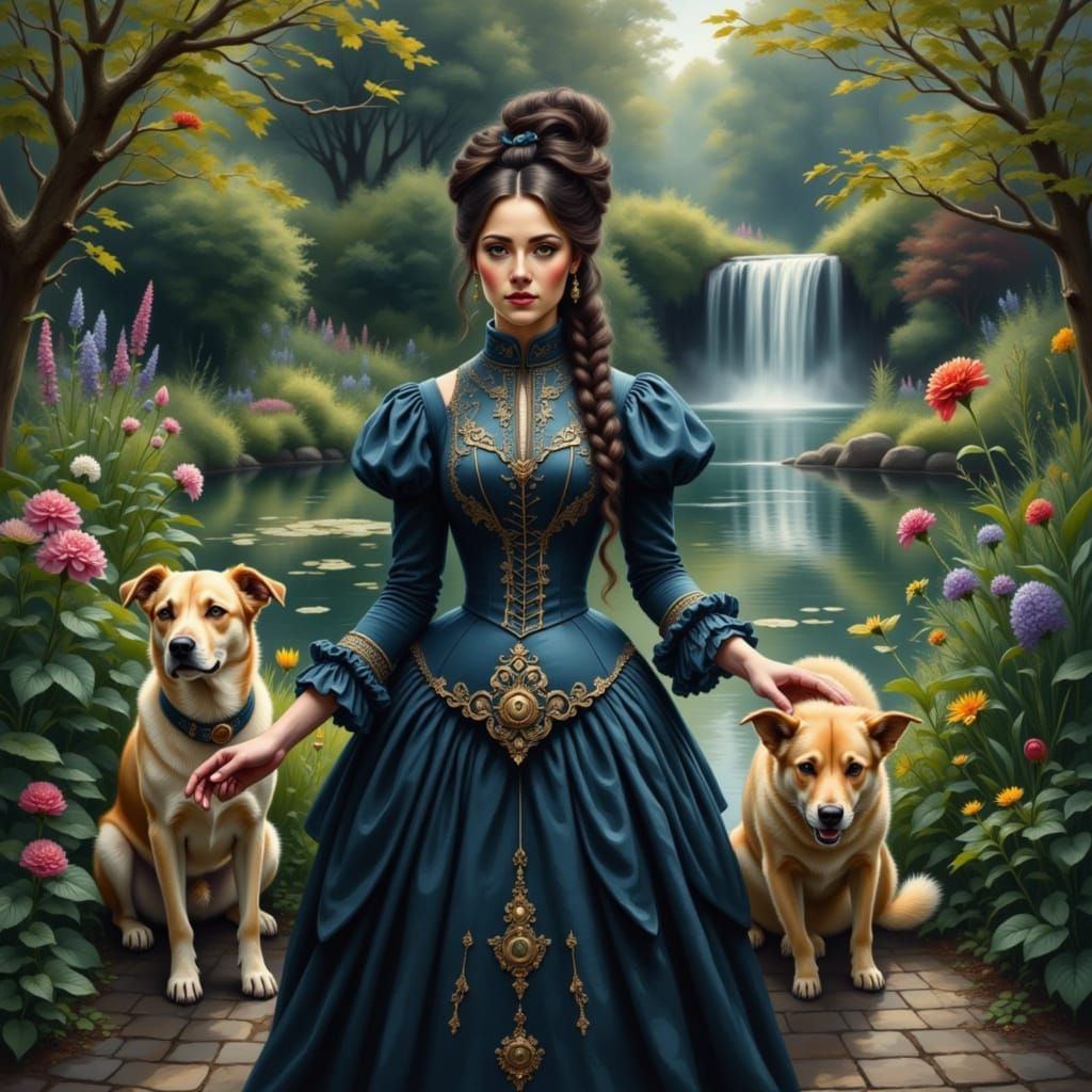Victorian Woman with Dogs in Pre-Raphaelite Style