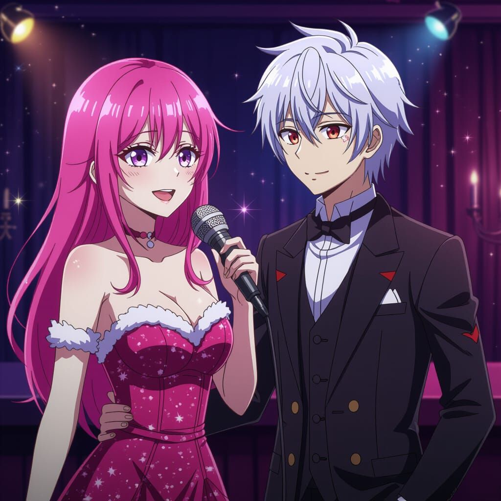 Anime Couple Singing Joyfully at Karaoke Bar