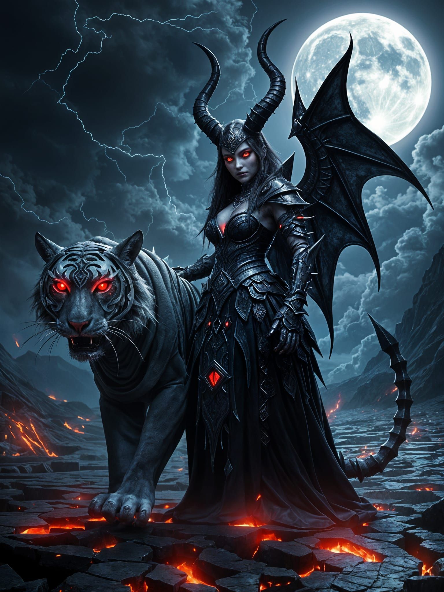 Demoness Warrior with Tiger in Surreal Landscape