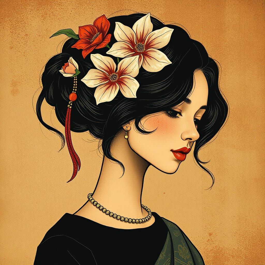 Girl with Floral Hair in Dark Art Deco Style