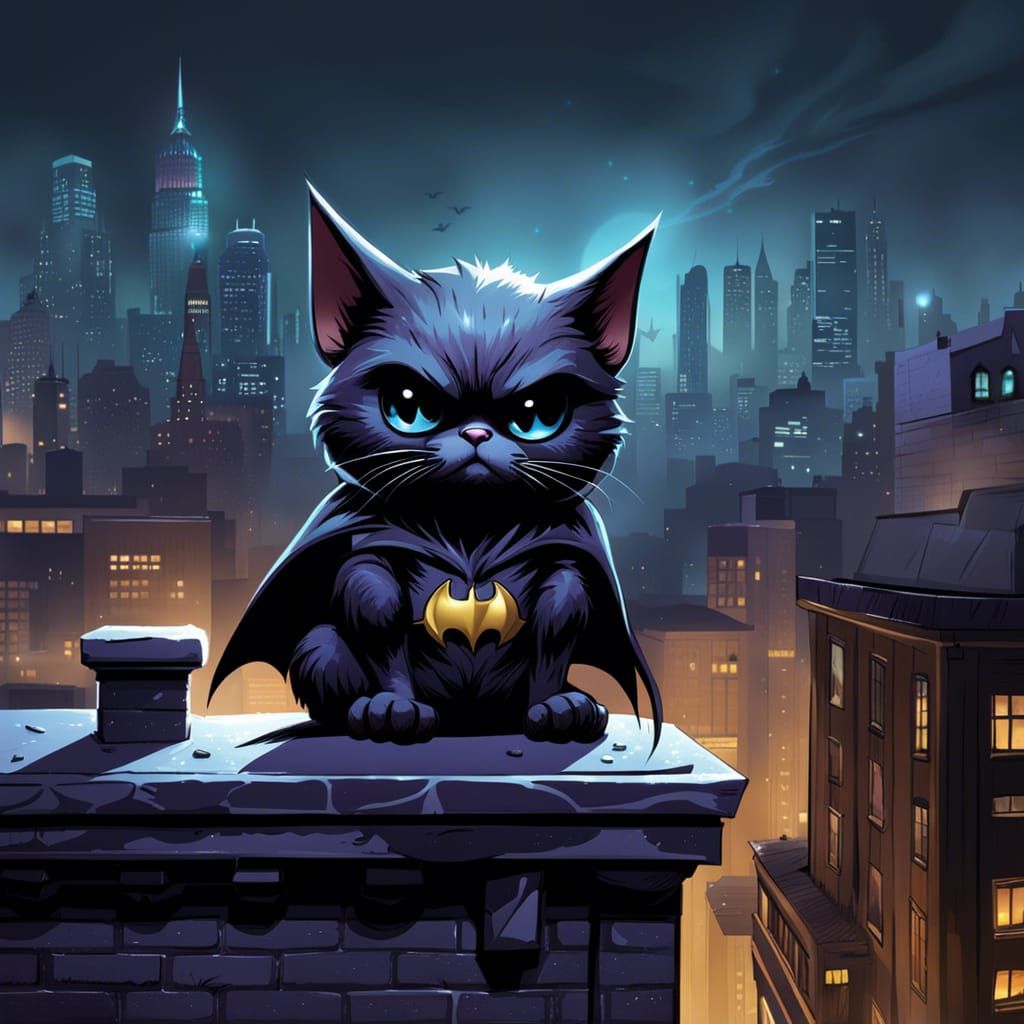 Grumpy Bat-Cat on City Rooftop: Digital Art