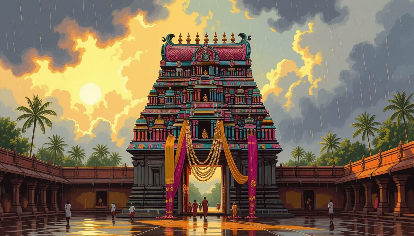 South Indian Temple Under Monsoon Sky, Vivid Art