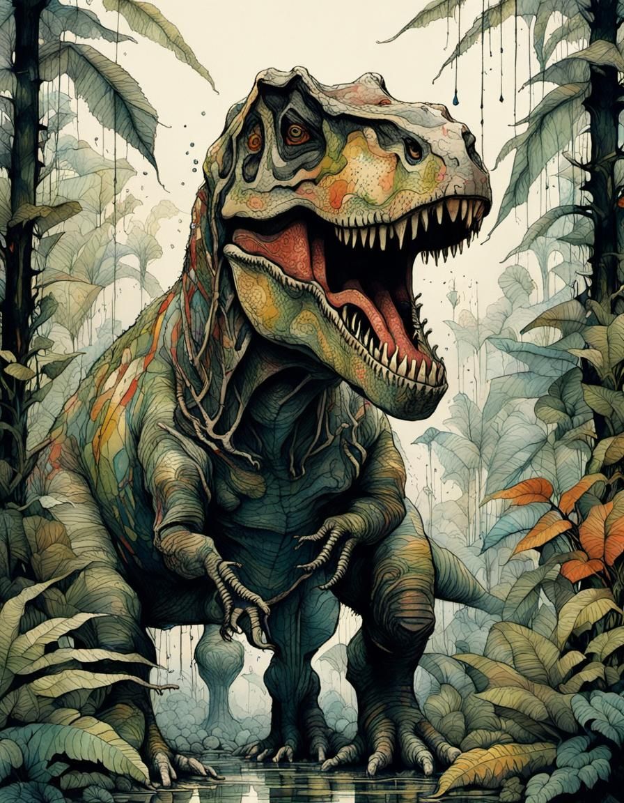 T-Rex amidst lush jungle