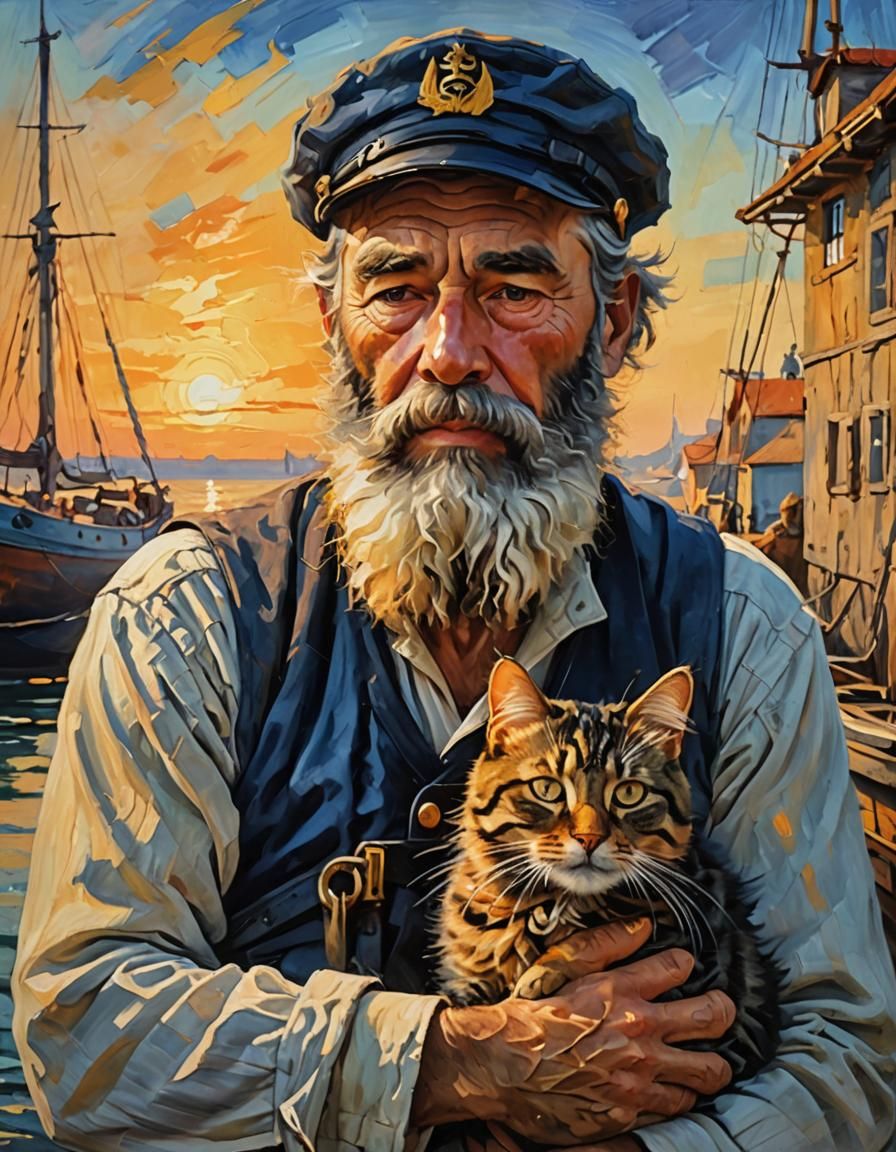 Old Sailor with Cat in Fauvist Expressionism