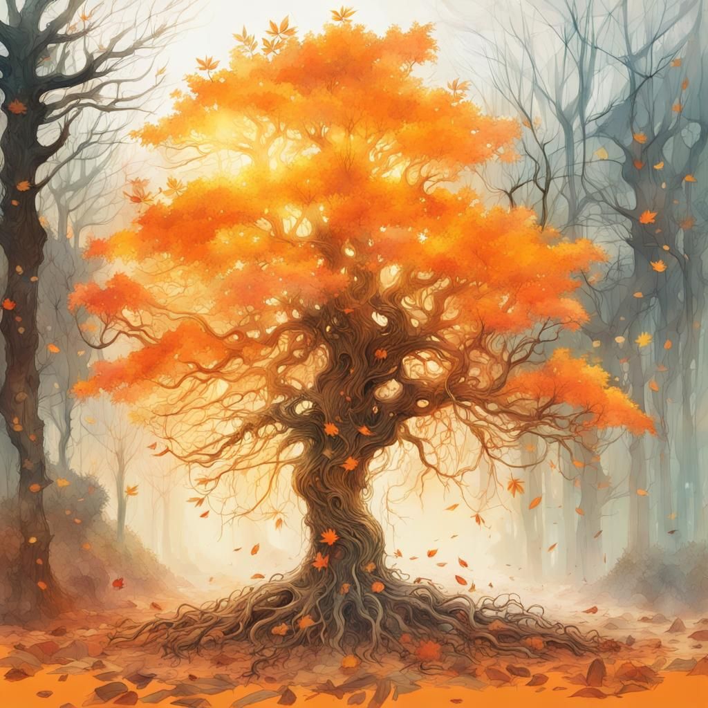 Surreal Autumn Tree in Golden Light