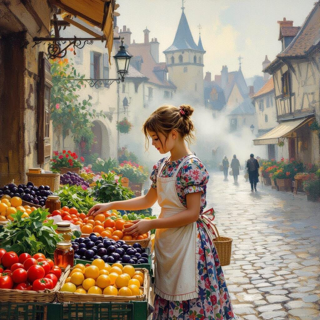 Girl Selling Produce in Misty Town Square