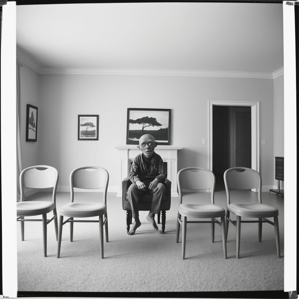 Liminal Being Confides in Empty Chairs in a Black and White ...