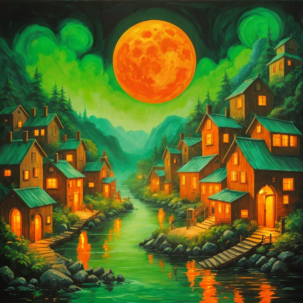Neon Moonlit Village in Painterly Impressionism