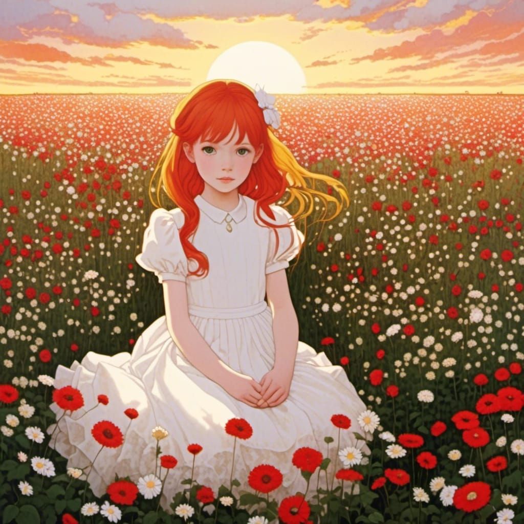 Anime Girl in Flower Field at Golden Hour