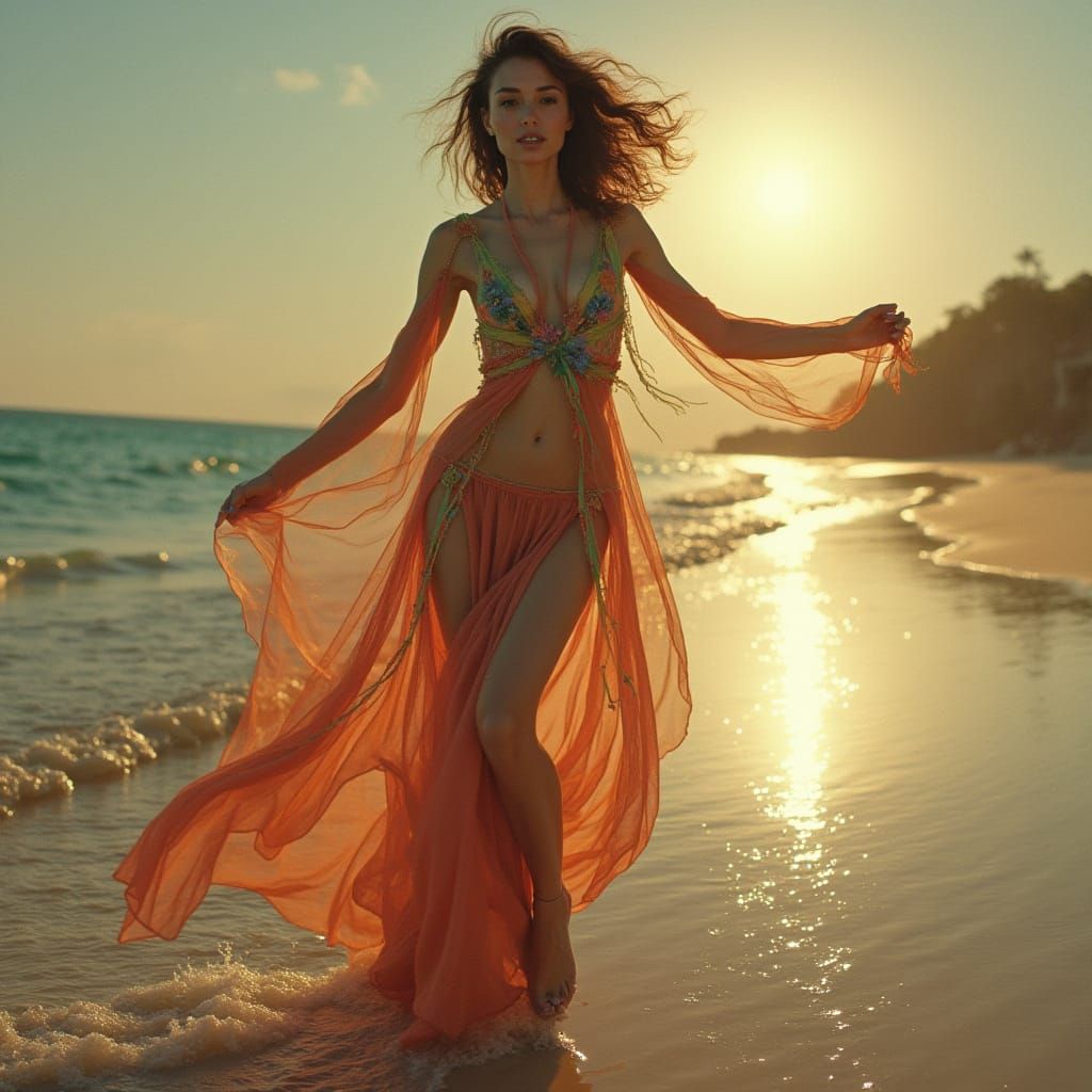 Woman Dancing on Beach in Art Nouveau Style
