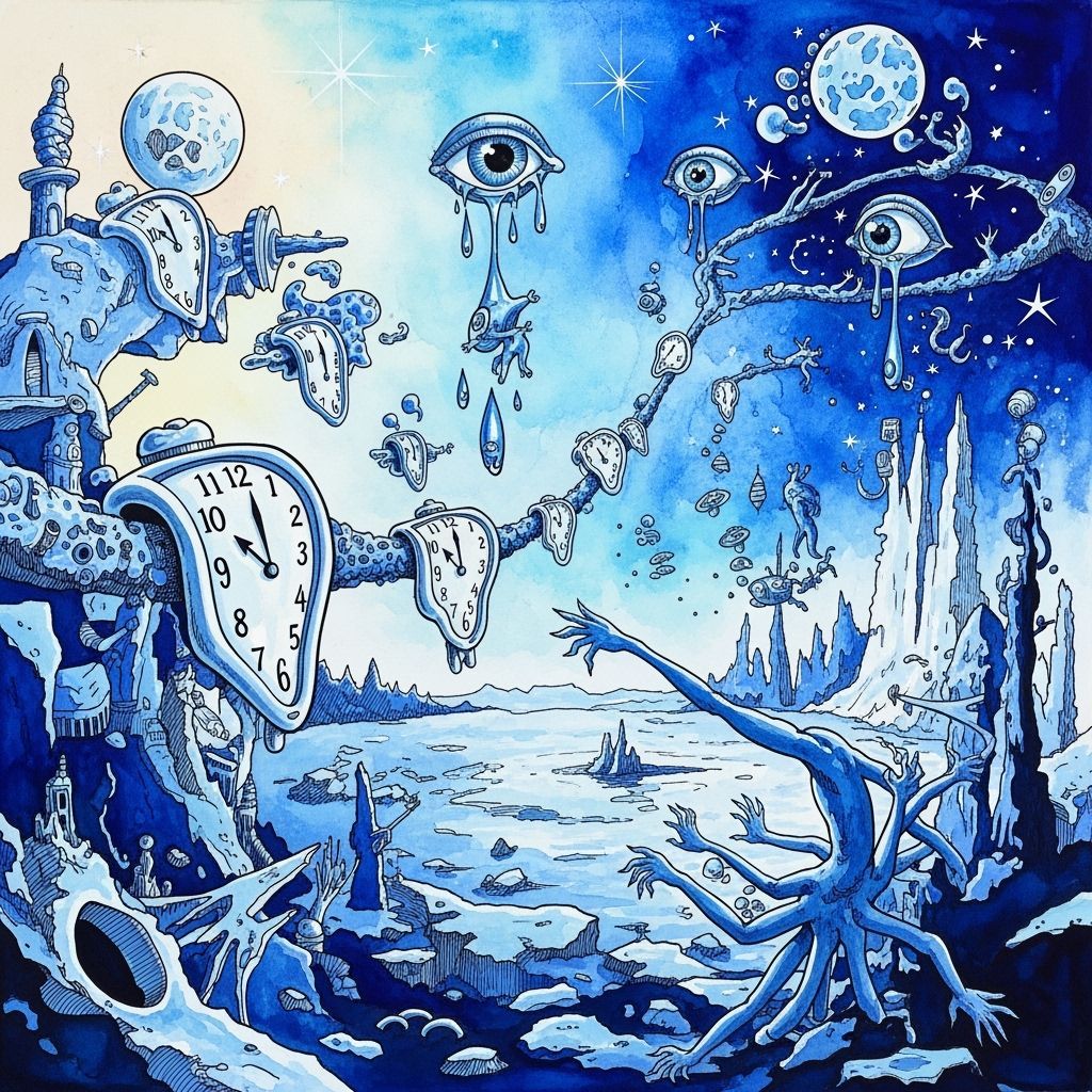 Surreal Blue Dreamscape Painting with Melting Clocks