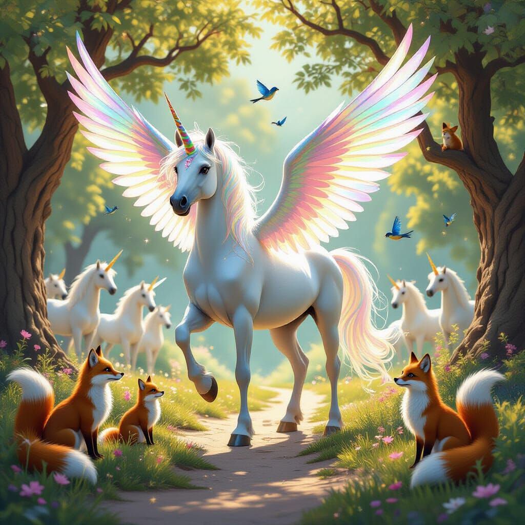 Unicorn in Golden Garden with Winged Foxes