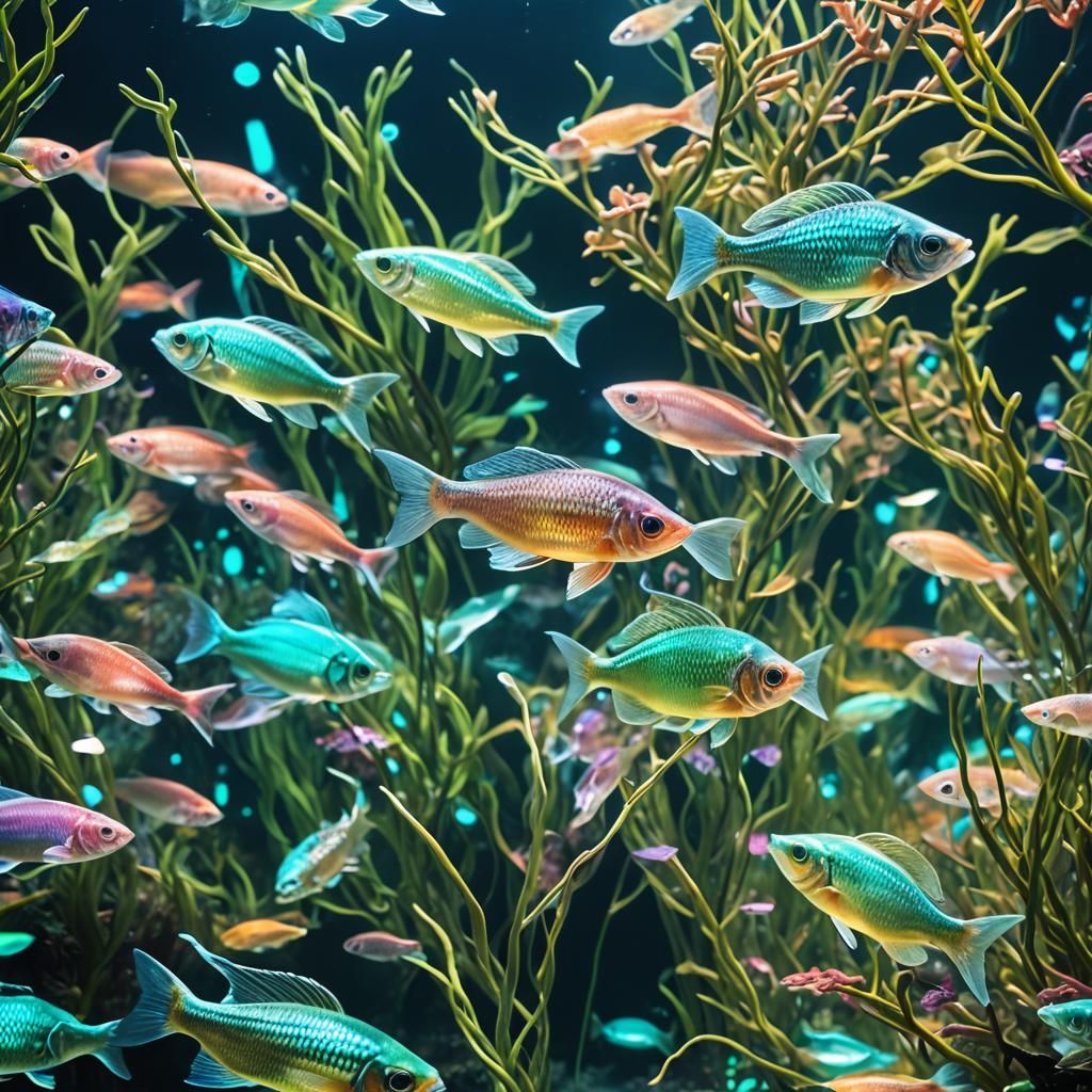 Neon Bioluminescent Fish in Turquoise Depths