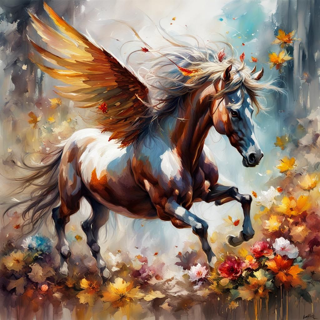 Colorful Pegasus with Floral Wings in Watercolour Style
