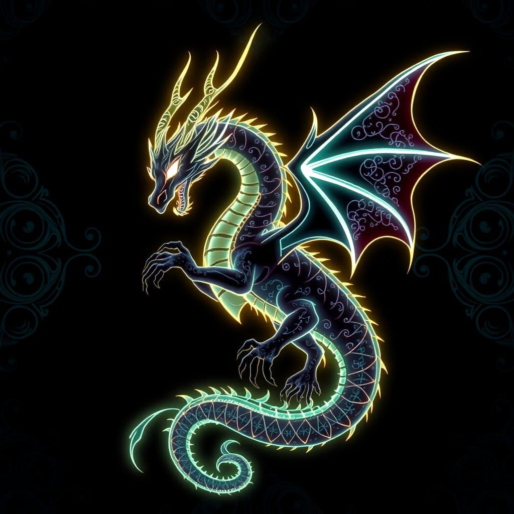 Bioluminescent Dragon with Filigree in Digital Art Style