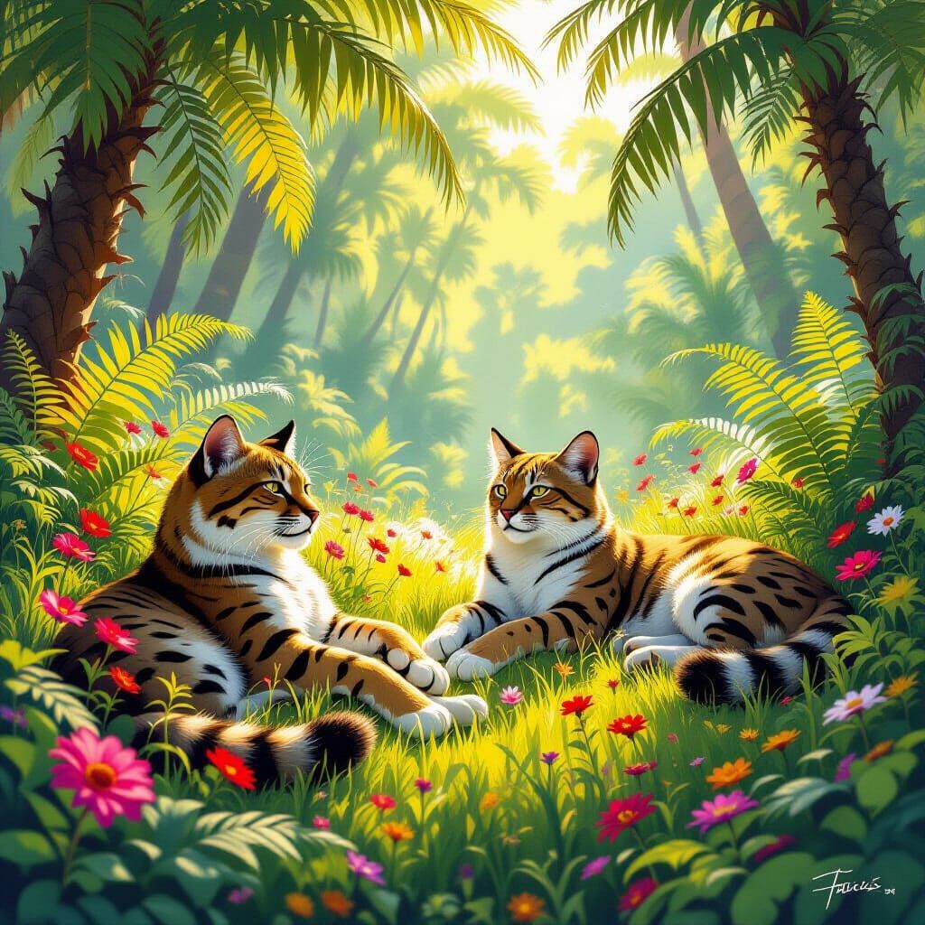 Saber-Toothed Cats in Sun-Drenched Meadow, Fantasy Art