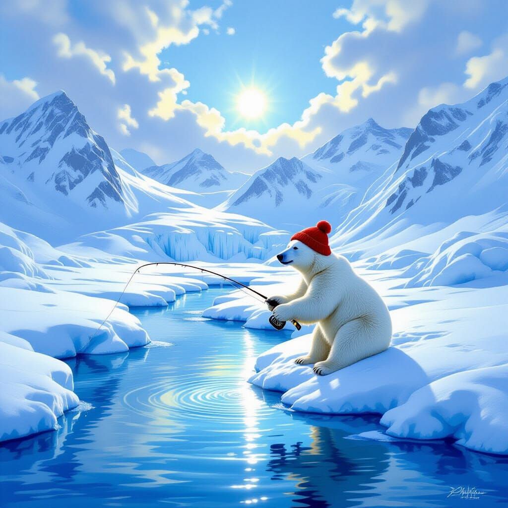Polar Bear Fishing in Icy Glacier Stream