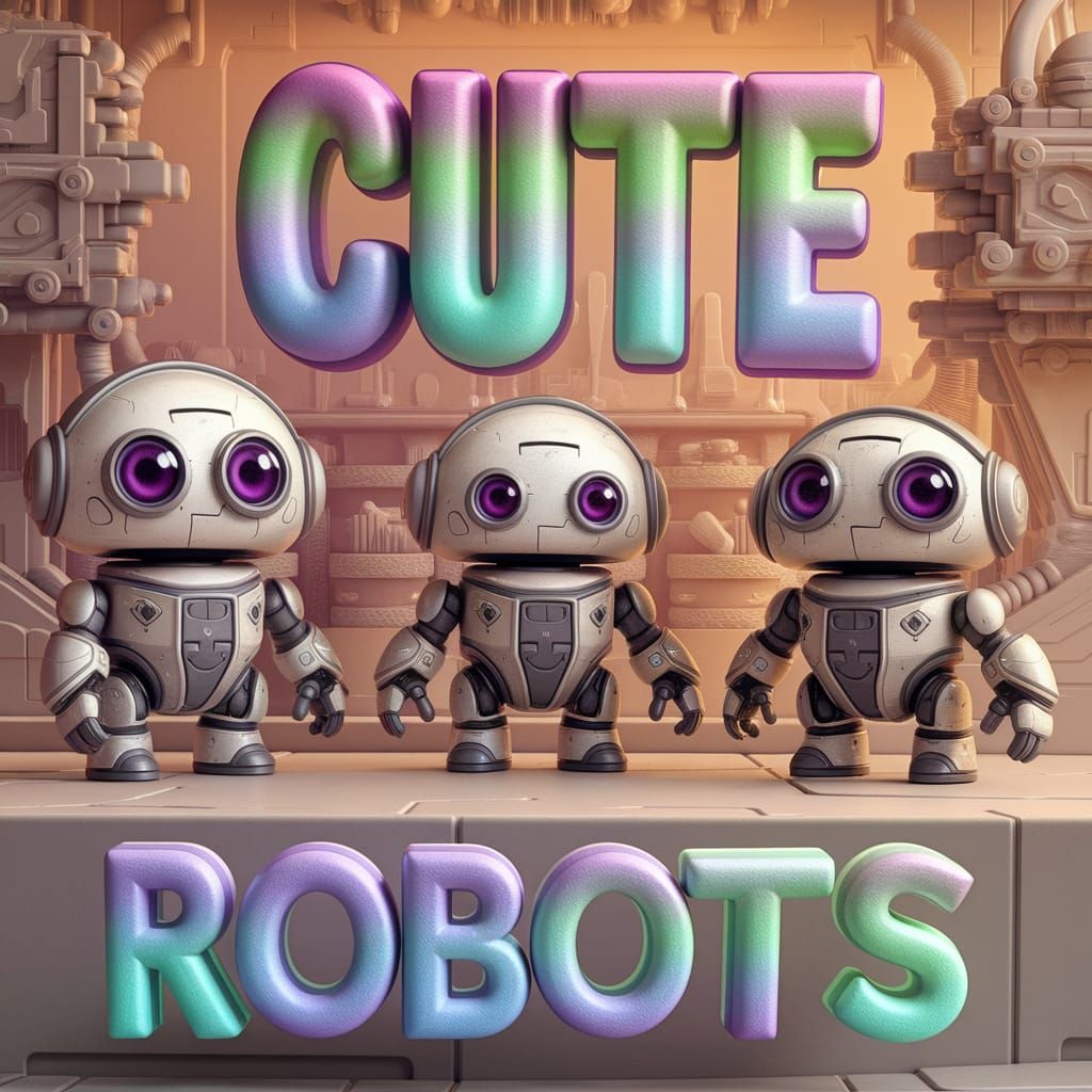In a fantastical, futuristic world bathed in warm hues, three adorable little robots with big round eyes stand against a...