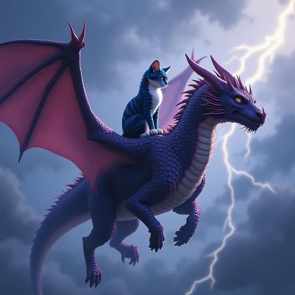Dragon and Cat Ride Storm in Fantasy Style