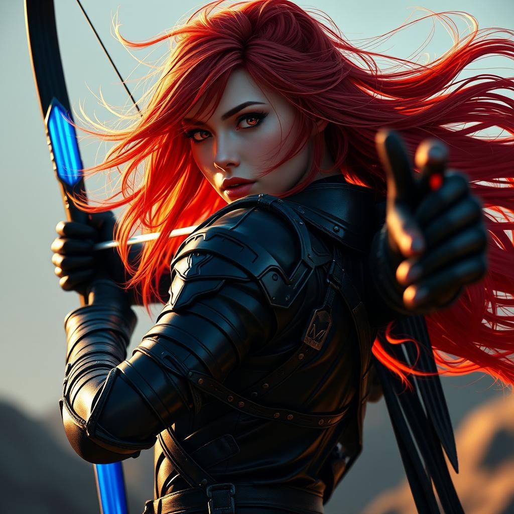Red-Haired Archer in Black Armor: Fantasy Portrait