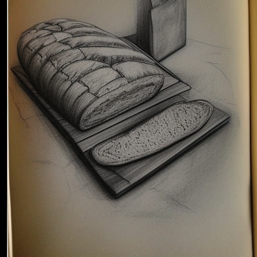 Hyperdetailed Charcoal Drawing of Bread in Sketchbook